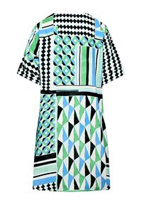 Bunt gestreiftes Kurzarmkleid mit geometrischen Mustern in Grün, Blau, Schwarz und Weiß, mit lockerer Passform und rundem Ausschnitt.