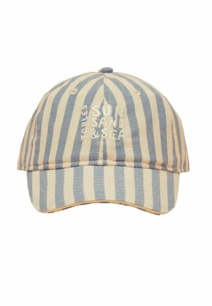 Șapcă de baseball cu dungi verticale bej și albastre și text brodat alb "TOULES SUN SAND & SEA" pe partea din față.