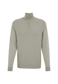 Gai pelēks, ribots adījums ar augstu apkakli un puspārliku. Garas piedurknes ar pieguļošiem aproces, izgatavots no mīksta materiāla.