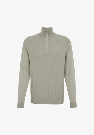 Ljusgrå, ribbad stickad tröja med hög krage och halvmatchande dragkedja. Långa ärmar med åtsittande muddar, tillverkad av mjukt material.