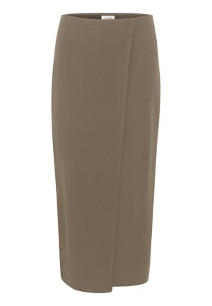 Hnědá sukně do délky kolen ve stylu tužky vyrobená z elastického materiálu; má boční rozparek a hladký, matný povrch. Elastický pas pro lepší fit.