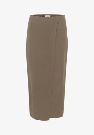 Brauner knielanger Bleistiftrock aus dehnbarem Stoff; mit einem seitlichen Schlitz und einer glatten, matten Textur. Elastischer Bund für eine optimale Passform.