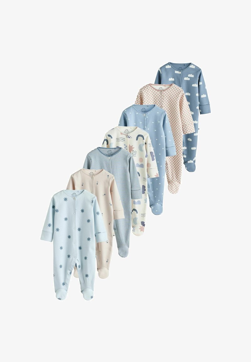 Ensemble de sept bodies pour bébé dans différentes couleurs pastel, ornés de motifs comme des étoiles, des nuages et des rayures, fabriqués en tissu doux.