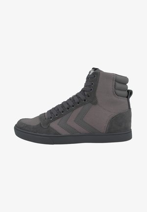 Gray high-top sneakers with a mix of textured suede and smooth fabric. Features grey laces and a rubber sole with a minimalistic design.