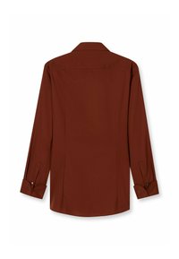 Long-sleeve shirt in a rich reddish-brown color, featuring a classic collar, back yoke, and buttoned cuffs. Smooth fabric texture.