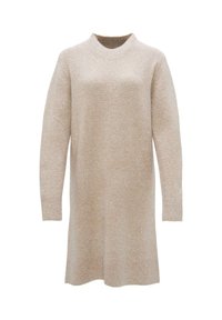 Abito maglione beige in maglia con finitura testurizzata, scollatura rotonda, maniche lunghe e vestibilità ampia, progettato per un look casual.