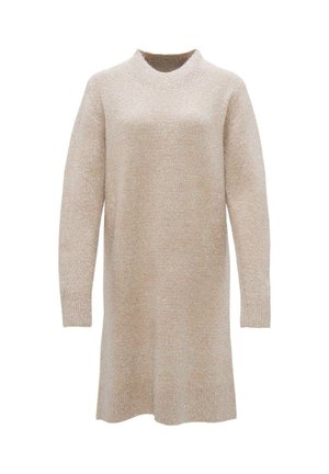 Beiges Strickkleid mit strukturiertem Finish, runder Halslinie, langen Ärmeln und lockerer Passform, entworfen für den Alltag.