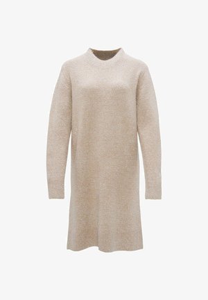 Beiges Strickkleid mit strukturiertem Finish, runder Halslinie, langen Ärmeln und lockerer Passform, entworfen für den Alltag.