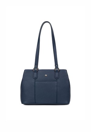Borsa tote in pelle blu navy con doppie maniglie, forma rettangolare, superficie testurizzata, tasca frontale e dettaglio metallico.