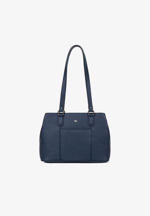 Borsa tote in pelle blu navy con doppie maniglie, forma rettangolare, superficie testurizzata, tasca frontale e dettaglio metallico.