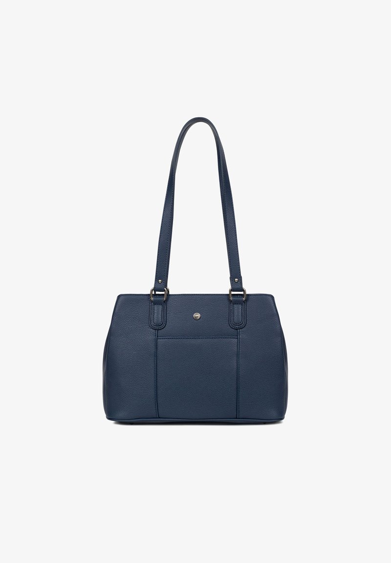 Granatowa skórzana torba na ramię z podwójnymi uchwytami, prostokątnym kształtem, fakturowaną powierzchnią, kieszenią z przodu i metalicznym akcentem.