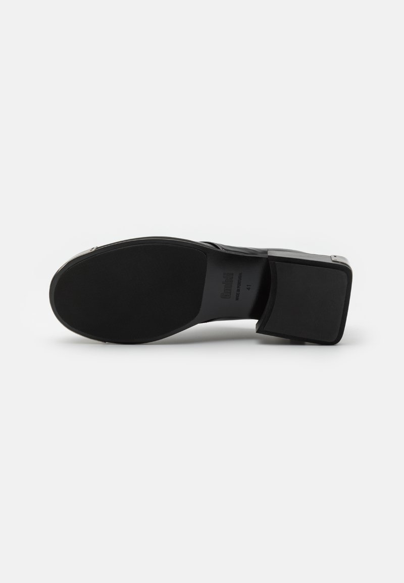 Scarpa con tacco nera caratterizzata da una tomaia in pelle liscia, un design a punta squadrata e un tacco spesso a blocco. La suola è dotata di una texture per garantire aderenza.