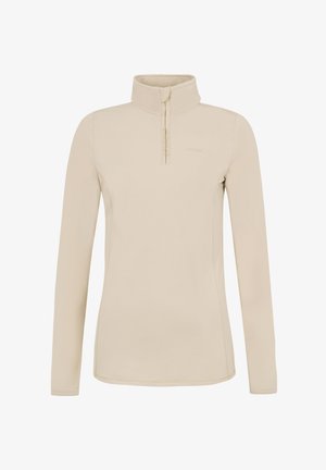 Bež pulover s dugim rukavima, visokim ovratnikom, munjevim zatvaračem na vratu i suptilnim detaljima s logotipom, izrađen od mekog, glatkog materijala.