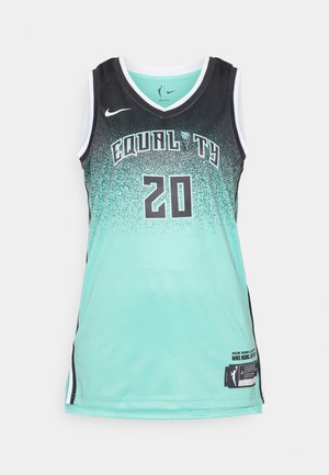 Basketbalový dres v gradientu tyrkysové a černé barvy, s nápisem 'EQUALITY', číslem 20, síťovinou a bočními štítky.