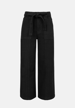 Pantalon noir à taille haute, jambes larges, avec poches plaquées à l'avant et ceinture en tissu nouée en nœud à la taille.