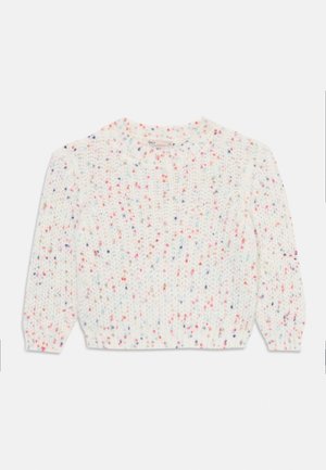 Pull en tricot blanc avec des éclats multicolores dans des nuances de rose, bleu et orange. Il présente un col rond et des poignets et un ourlet côtelés.