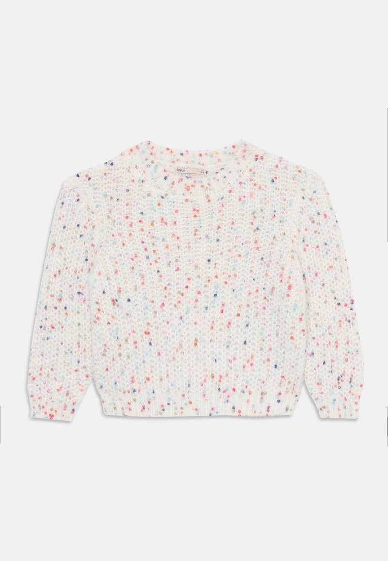 Adīts džemperis baltā krāsā ar krāsainiem punktiņiem rozā, zilā un oranžā tonī. Aprīkots ar apaļu kakla izgriezumu un ribotām piedurknēm un apakšmalu.