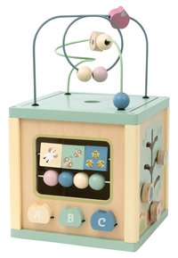 Wooden activity cube with pastel beads on wire, various texture blocks, colorful sliding panels, and illustrated animal motifs.