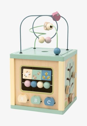 Wooden activity cube with pastel beads on wire, various texture blocks, colorful sliding panels, and illustrated animal motifs.