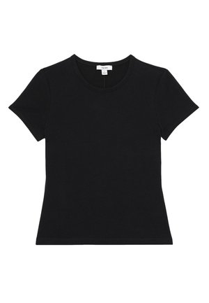 Zwart, aansluitend T-shirt met korte mouwen en ronde hals, effen ontwerp, met zichtbaar merklabel aan de binnenkant van de hals.