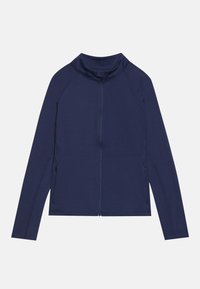 Mornarska zip-up jakna izrađena od rastezljivog materijala, s visokim ovratnikom, dugim raglan rukavima i bočnim zip džepovima, sa ravnim šavovima.