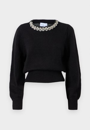 Sort cropped sweater lavet af strikket stof, med lange ærmer og en dekorativ perlekrave. Ribbet manchetter og kant.