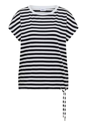 Chemise à manches courtes rayée horizontale noir et blanc, avec encolure ronde et détail de cordon ajustable sur l’ourlet inférieur.