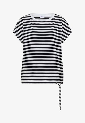 Chemise à manches courtes rayée horizontale noir et blanc, avec encolure ronde et détail de cordon ajustable sur l’ourlet inférieur.