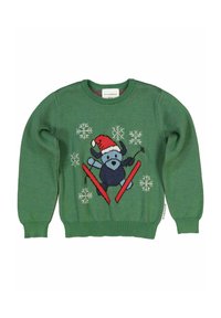 Grön stickad tröja med en blå björn i röd hatt som åker skidor, med vita snöflingor som accenter. Rund hals och ribbade muddarmar.