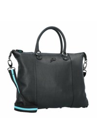 Borsa a mano in pelle nera con texture liscia, manici superiori doppi, tracolla removibile con accenti turchesi e un discreto dettaglio del logo.
