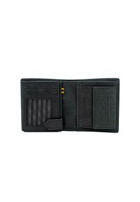 Cartera de cuero negro abierta que muestra múltiples ranuras para tarjetas, un bolsillo de malla y un detalle texturizado. Cuenta con protección RFID.