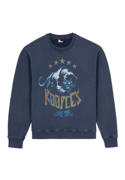 Marineblauwe sweatshirt met een ronde hals, voorzien van een afbeelding van een panter en de tekst "KOOPLES" en sterren in contrasterende kleuren. Zachte textuur.