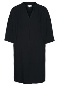 Musta rento tunika, jossa on V-pääntie ja lyhyet käännetyt hihat. Valmistettu pehmeästä kankaasta, jonka pinta on sileä. Minimalistinen muotoilu, ei kuvioita.