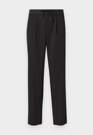 Pantaloni negri cu talie elastică ajustabilă, cu două plii frontale, design drept și fără modele sau accente hardware vizibile.