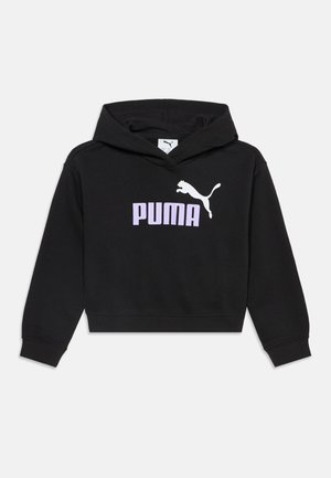 Sweat à capuche noir avec texte violet "PUMA" et logo Puma blanc au centre devant, manches longues et poignets et ourlet côtelés.