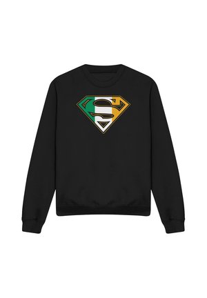 Black sweatshirt with a large Superman logo in green, white, and orange resembling the Irish flag on the chest.