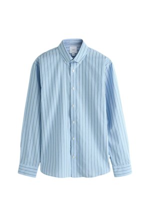 Hellblaues Hemd mit Knopfleiste, vertikalen weißen Streifen, langen Ärmeln und spitzem Kragen. Verfügt über eine glatte Stofftextur und eine reguläre Passform.