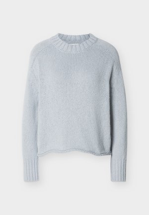 Light gray knitted wool sweater with long sleeves and ribbed crew neckline and cuffs, displayed on white background.