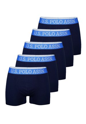 Sæt af fem navy blå boxerbukser med en lyseblå elastic waistband med "U.S. POLO ASSN." logo, lavet af blødt, strækbart stof.