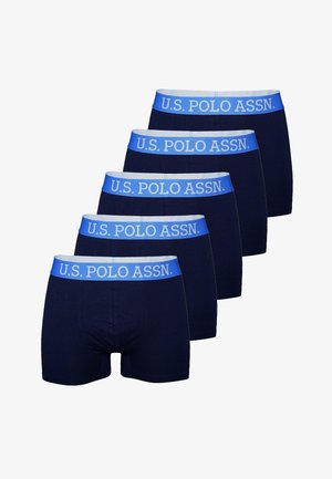 Juego de cinco bóxers azul marino con una cinturilla azul claro que presenta el logo de "U.S. POLO ASSN.", fabricados con un tejido suave y elástico.