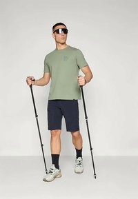 Vyras nešiojantis saulės akinius, žalias marškinėlius, tamsiai mėlynas šortus, baltus sportinius batus, laikantis du juodus žygių lazdas, stovintis prieš paprastą šviesią fono.