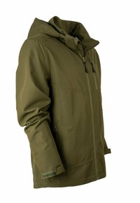 Olivgrüne Jacke mit abnehmbarem Kapuzen, zwei Reißverschlusstaschen und verstellbaren Manschetten aus wasserdichtem Material.