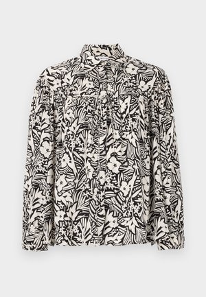 Langermet skjorte i svart og hvitt blomsterdesign, med høy krage, rynket front og løs passform. Laget av lett materiale.