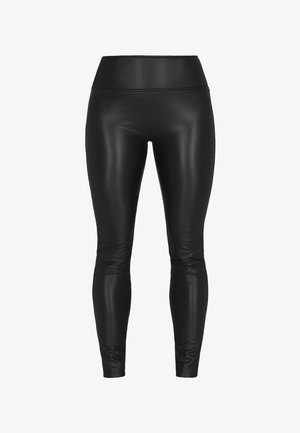 Czarne legginsy wysokim stanem z ekologicznej skóry o gładkim, błyszczącym wykończeniu i dopasowanym kroju od talii do kostek.