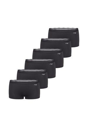 Seks sorte dame-boyshorts med elastiske taljebånd og små hvide "Sloggi" logoer på venstre side, vist på en hvid baggrund.