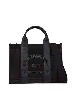 Czarna torba typu tote marki Karl Lagerfeld z dwoma uchwytami, odpinanym paskiem na ramię i logo z napisem „KARL LAGERFELD PARIS 21 RUE ST-GUILLAUME” na przedniej stronie.