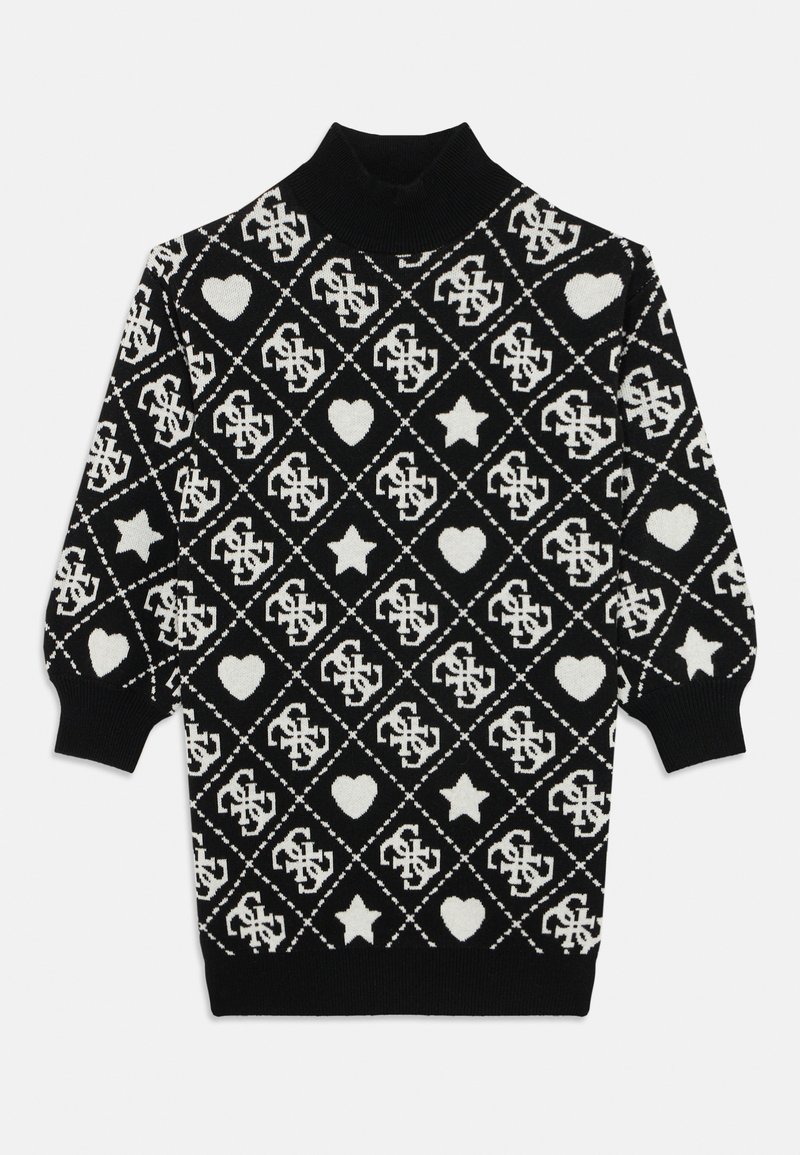 Sweater preto com gola alta, apresentando um padrão geométrico de corações, estrelas e logótipos em branco. Textura de malha, mangas longas e punhos canelados.