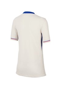 Polo shirt met korte mouwen in off-white met blauwe kraag, blauwe zijpanelen en dunne rode en blauwe strepen op de mouwen. Gladde stofstructuur.