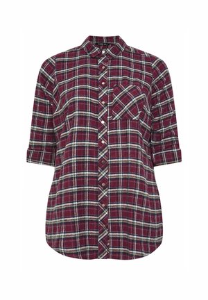 Burgunderfarvet plaid flannel skjorte med hvide og grønne detaljer, knaplukning foran, krave og brystlomme. Korte, opsmøgede ærmer og afrundet kant.