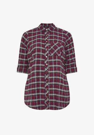 Burgundy plaid flannel shirt with white and green accents, buttoned front, collar, and chest pocket. Short, rolled-up sleeves and rounded hem.